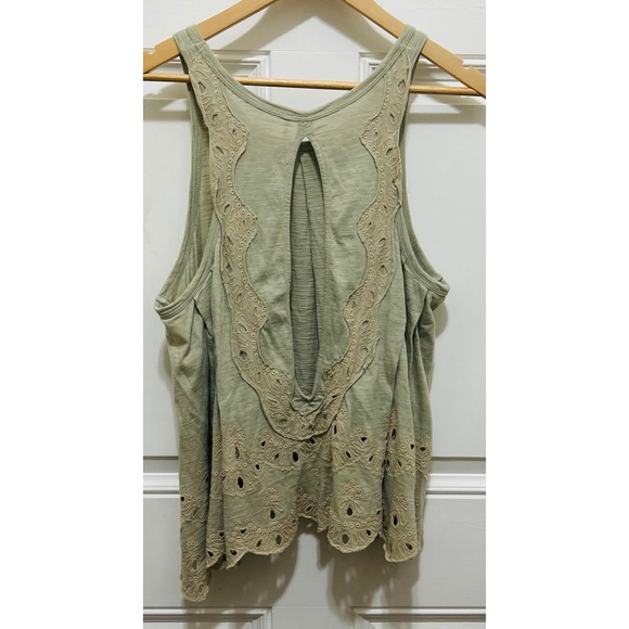 Free People Toosaloosa Green Embroidered Eyelet Keyhole Back‎ Tank Top Size M - Picture 4 of 4